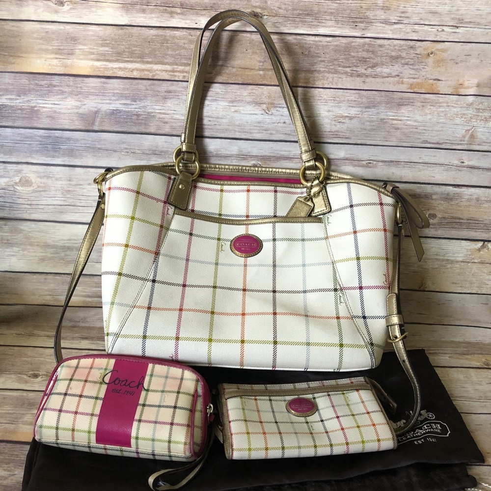 Coach Peyton Tattersall Tote Purse Handbag Ivory Plaid